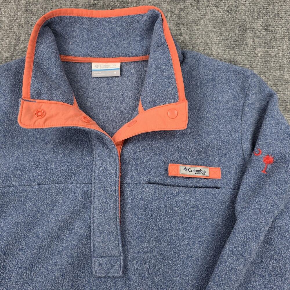 Columbia PFG Sweater Womens Medium Blue Fleece Snap Mock Neck Pullover SC Logo